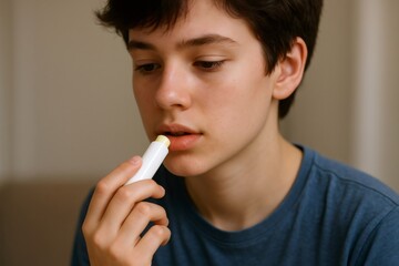 Young person applying moisturizing lip balm to keep lips hydrated and protected from winter dryness, ensuring healthy skincare and self care routine