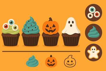 Monster Halloween Treats. Vector strip showing decorated cupcakes and themed food icon set for monster eyes, icing,