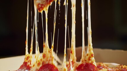 A tantalizing close-up shot of a hot pepperoni pizza slice being pulled away, showcasing long, gooey strings of melted mozzarella cheese stretching