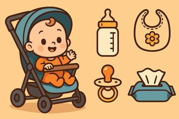 Baby Essentials Cartoon. Cartoon-style horizontal panel showing baby in stroller and baby care icon set for bottle, bib, pacifier