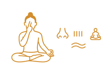 Breathwork Vector Icons. Minimalist vector strip with yogi practicing breathwork and pranayama icon set for nostril symbol, count