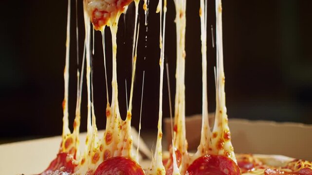A tantalizing close-up shot of a hot pepperoni pizza slice being pulled away, showcasing long, gooey strings of melted mozzarella cheese stretching