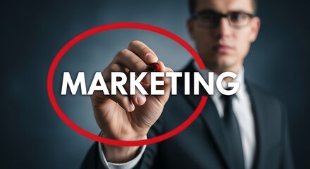 Business professional highlighting the word MARKETING with a red circle and marker