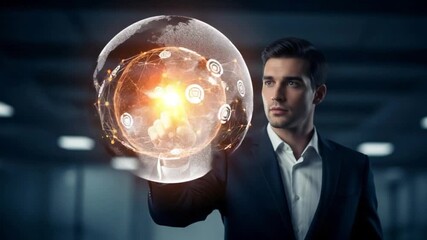 Man in suit interacts with glowing digital sphere with network connections in a modern setting - Powered by Adobe