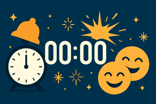 Midnight Celebration Countdown. Flat vector banner with countdown clock striking midnight and climax icon set for bell icon, 00:00