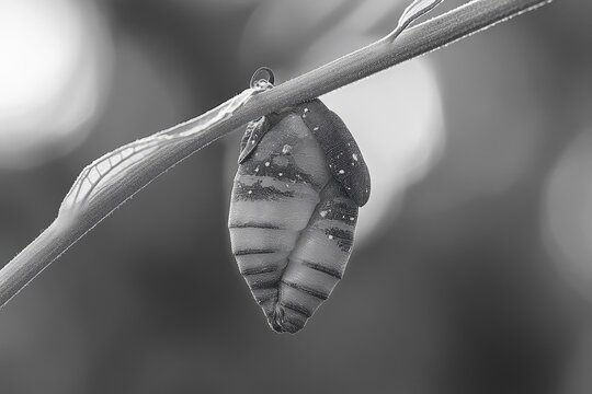 A chrysalis, the pupal stage of a butterfly, hangs from a slender stem, awaiting metamorphosis.