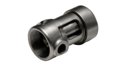 Metal industrial part, precision engineering, studio shot, grey background, machinery component