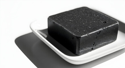 Isolated Black Soap Bar on White Tray with Defined Shadow, Minimalist Aesthetic
