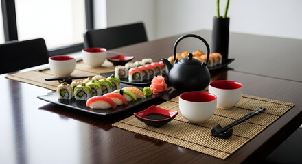 Japanese Cuisine: A Culinary Arrangement Featuring Sushi, Tea, and Elegant Tableware