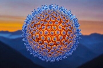 Microscopic 3D rendering of a virus, exhibiting intricate detail and vibrant colors against a sunset backdrop.
