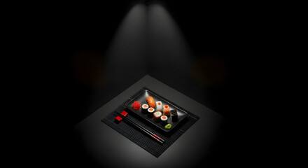 Japanese Culinary Delights: A Dramatic Presentation of Exquisite Sushi on Dark Setting