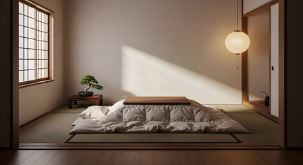 Japanese Inspired Interior Featuring Kotatsu Table, Bonsai And Paper Lantern In A Bright Room