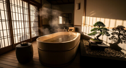 Japanese Inspired Bathtub, Steam Rising, Tranquil Bonsai, and Authentic Interior Design