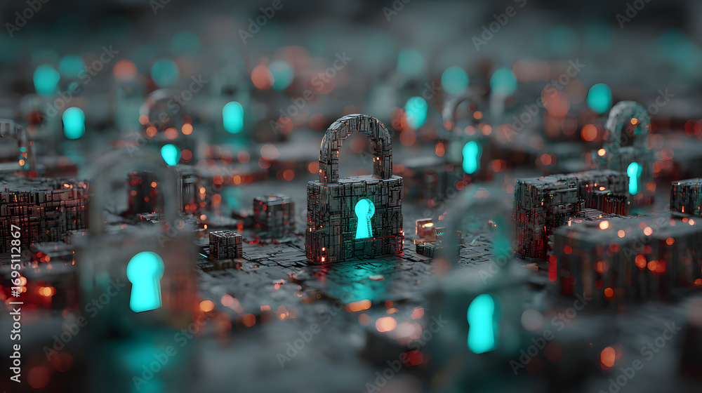 Aufkleber a futuristic technological landscape featuring a digtal data network with glowng locks to illustrate