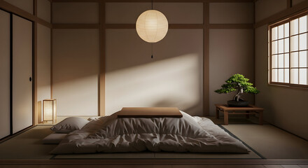 Japanese Room With A Cozy Kotatsu And Minimalist Bonsai Decoration For Relaxation And Peace