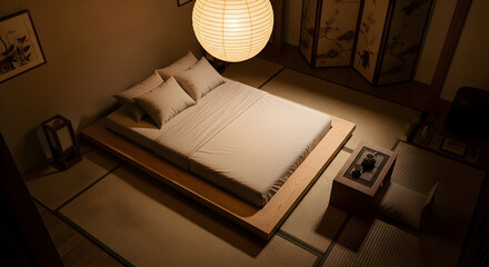 Japanese style bedroom interior with bed, pillows, lamp and traditional elements