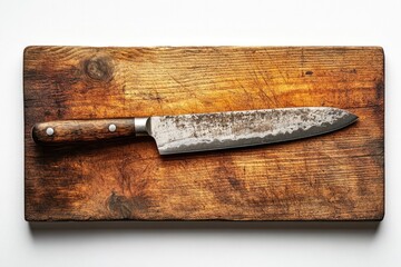 A well-used, rustic chef's knife rests on a worn wooden cutting board.