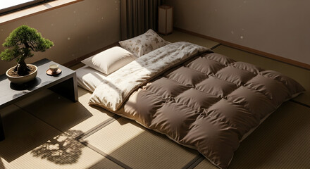 Japanese style bedroom with bonsai tree and sunlight, interior design concept