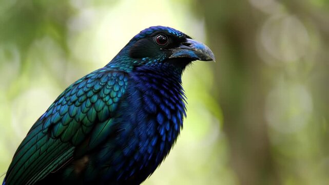 Stunning iridescent blue cotinga bird portrait with vibrant feathers against a natural green backdrop