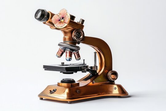 Antique brass microscope adorned with a pansy, symbolizing science and nature's beauty.