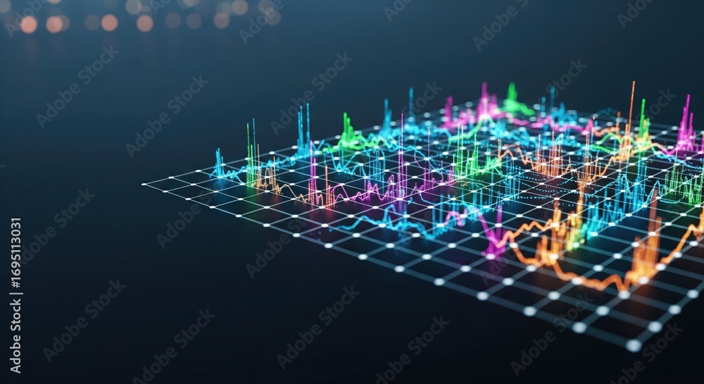 Poster abstract colorful graph grid shows data analysis on a dark background.