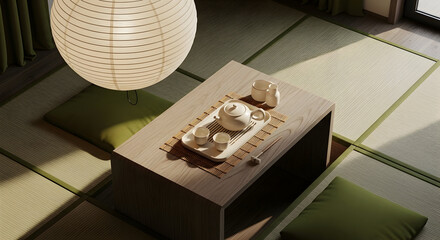 Japanese tea set relaxation on wooden table with tatami mats and paper lantern