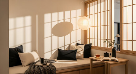 Japanese-style lounge area with natural light, minimalist design, and cozy atmosphere