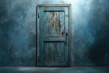 A weathered teal door stands against a textured blue wall, creating a mysterious and aged ambiance.