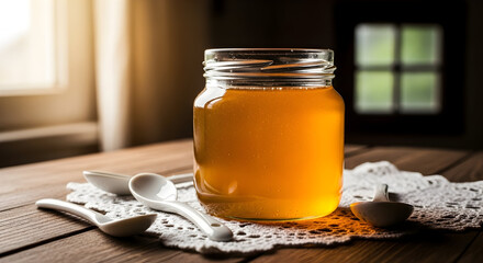 Jar of Honey on a Wooden Table with Spoons and a Decorative Doily, Natural Light