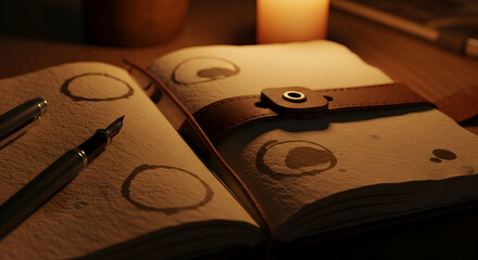 Journal And Pen Illuminated By Candlelight, Ideal For Creative Writing Inspirations