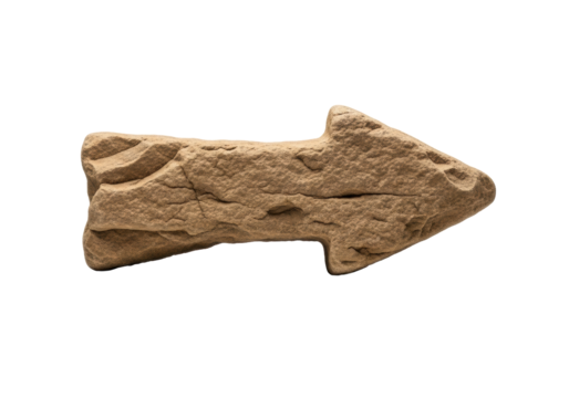 Ancient rough-hewn sandstone arrow, rugged and ochre with chisel marks, blocky, pointing right on a transparent seamless background, macro studio shot with subtle shadows, concept of ancient enduring