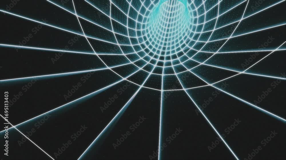 Poster explore a vibrant abstract animation featuring a luminous tunnel with grid lines and smooth light tr