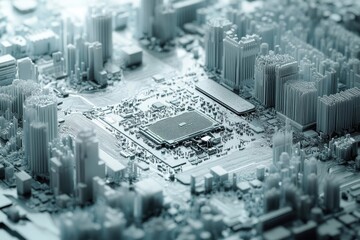 A stylized 3D rendering of a circuit board, resembling a futuristic city with towering buildings and intricate pathways.