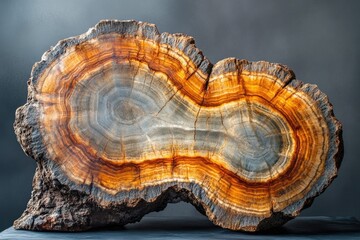 A stunning cross-section of petrified wood, showcasing vibrant orange and grey rings.