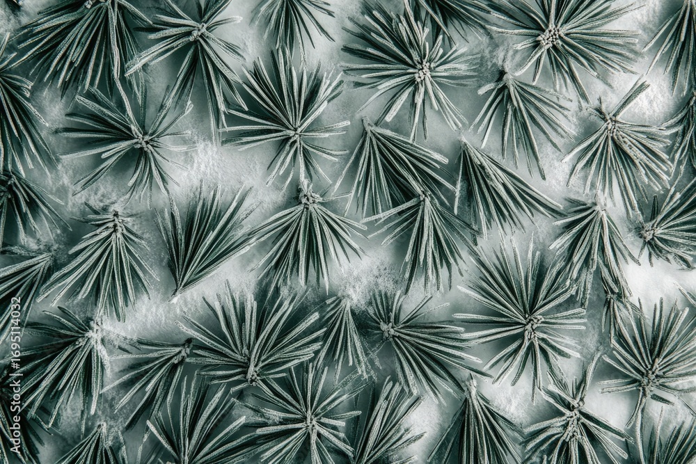 Poster frost-covered pine sprigs arranged in a repeating pattern on a snowy surface, creating a wintery aes