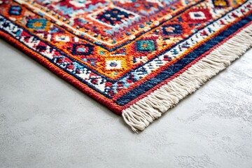 A vibrant, hand-woven rug with intricate patterns and a fringed edge rests on a concrete floor.