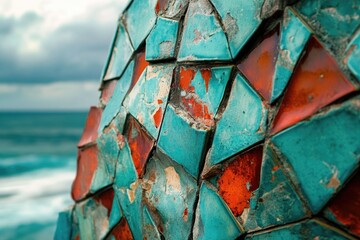 Close-up of weathered teal and red mosaic tiles near the ocean, showing texture and age.
