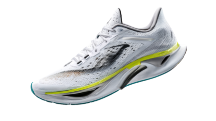 White running shoes with  neon accents.  Modern athletic design