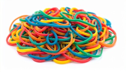 Pile of multicolored rubber bands arranged in a rectangular shape, symbolizing elasticity, organization, and vibrant material abstraction.