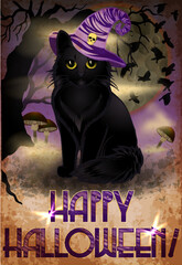 Happy Halloween greeting card, black cat in a witchs hat, vector illustration