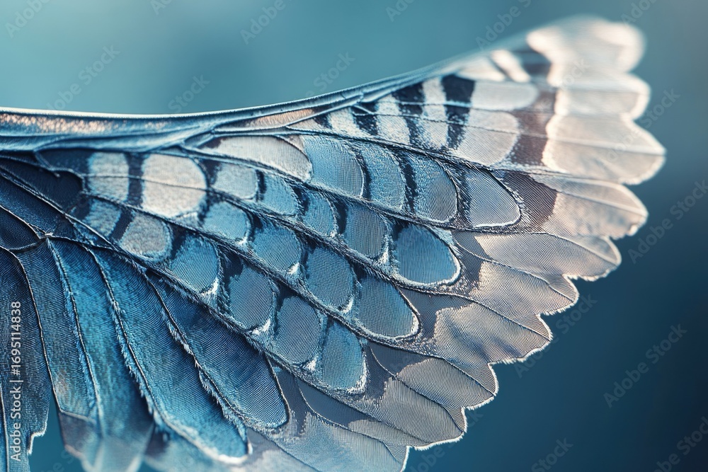 Poster close-up of a bird's wing, showcasing intricate feather patterns and textures in shades of blue.