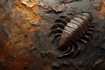 A detailed fossil of an ancient arthropod is preserved in dark, rusty-colored stone.
