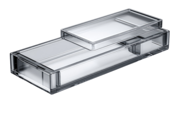 Clear plastic case with a hinged lid, angled view
