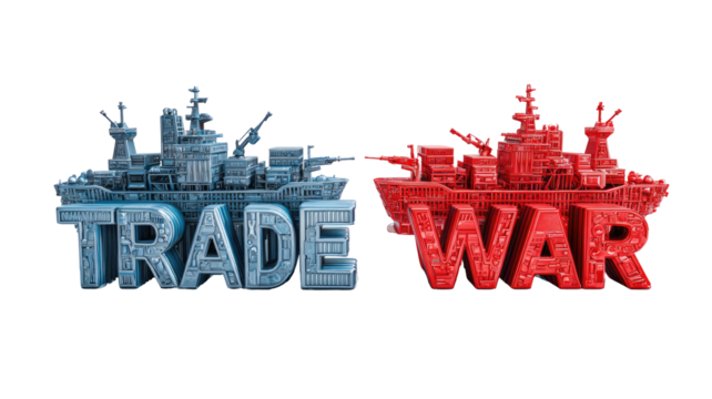 Trade war depicted with stylized warships.  Blue and red text on a black background.  The text, "TRADE WAR", is formed by the shapes of ships