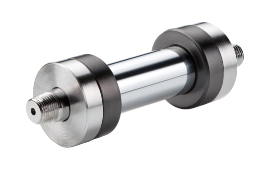 Chrome linear actuator assembly studio shot, industrial parts background, engineering