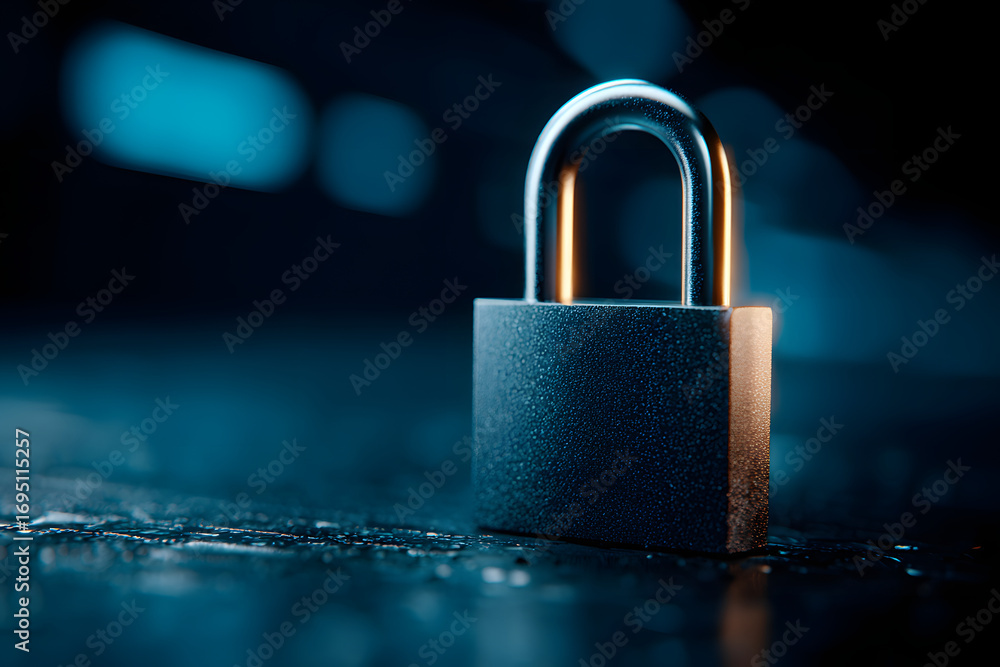 Poster a digital padlock on a dark blue backdrop symbolizesrobust cyber security, empasizing fraud preventi