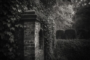 A black and white photo of a brick pillar covered in ivy, with a glimpse of a hedge and trees in the background.