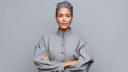 Confident mature woman with gray hair in stylish gray buttoned blouse posing with crossed arms against monochrome gray background, elegant fashion portrait with powerful presence