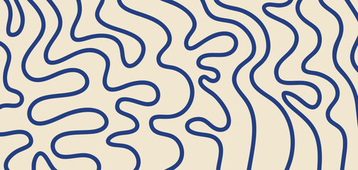 Abstract pattern with thin wavy blue lines. Vector illustration with groovy print on a beige background