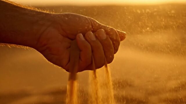 A person's hand letting golden desert sand slip through their fingers symbolizing the passage of time life impermanence and the fleeting nature of every single precious moment